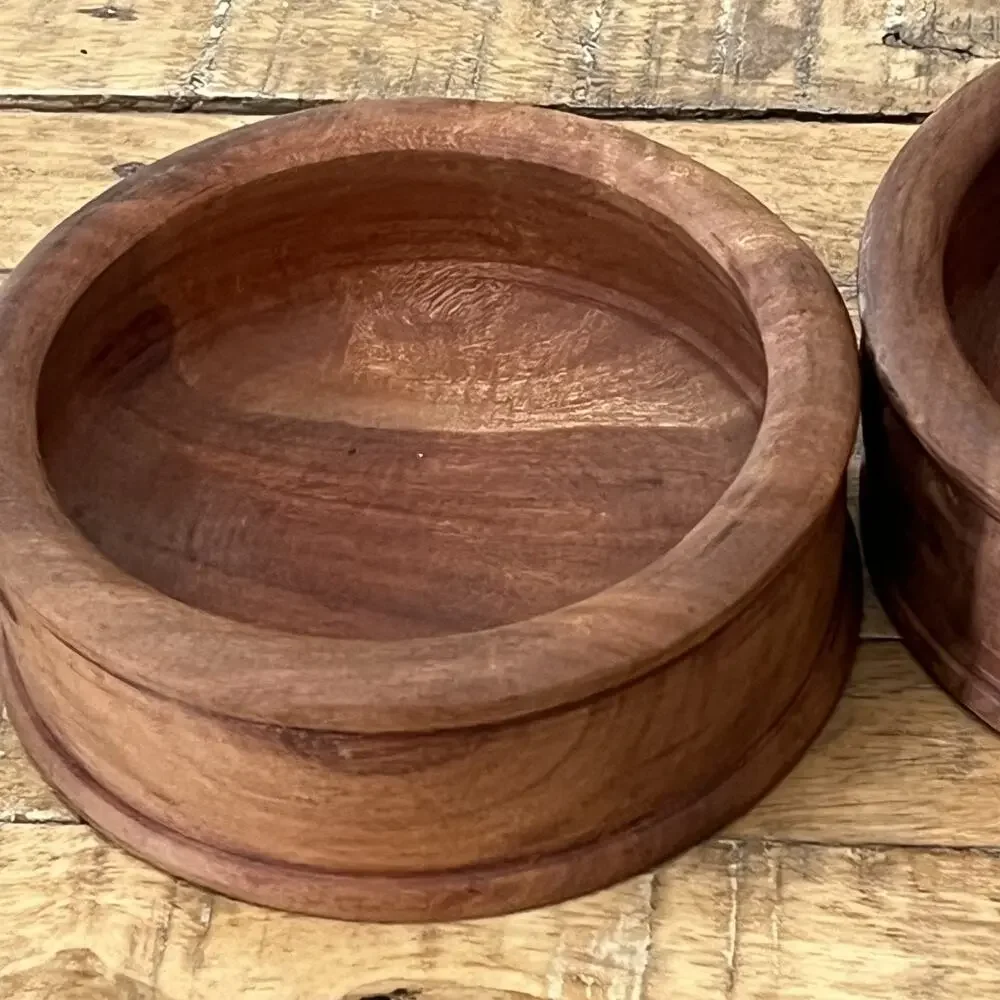 Hand-Turned Rustic Wooden Bowls Set of 2 6 in Teak Wood